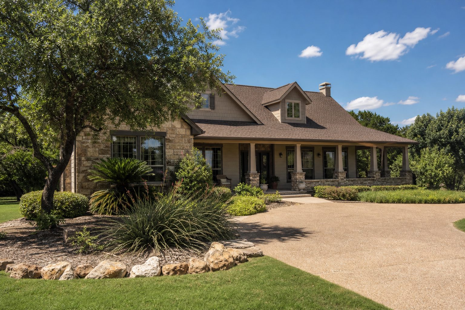 Two-story home with mature landscaping and wide driveway in established Aledo school district neighborhood.