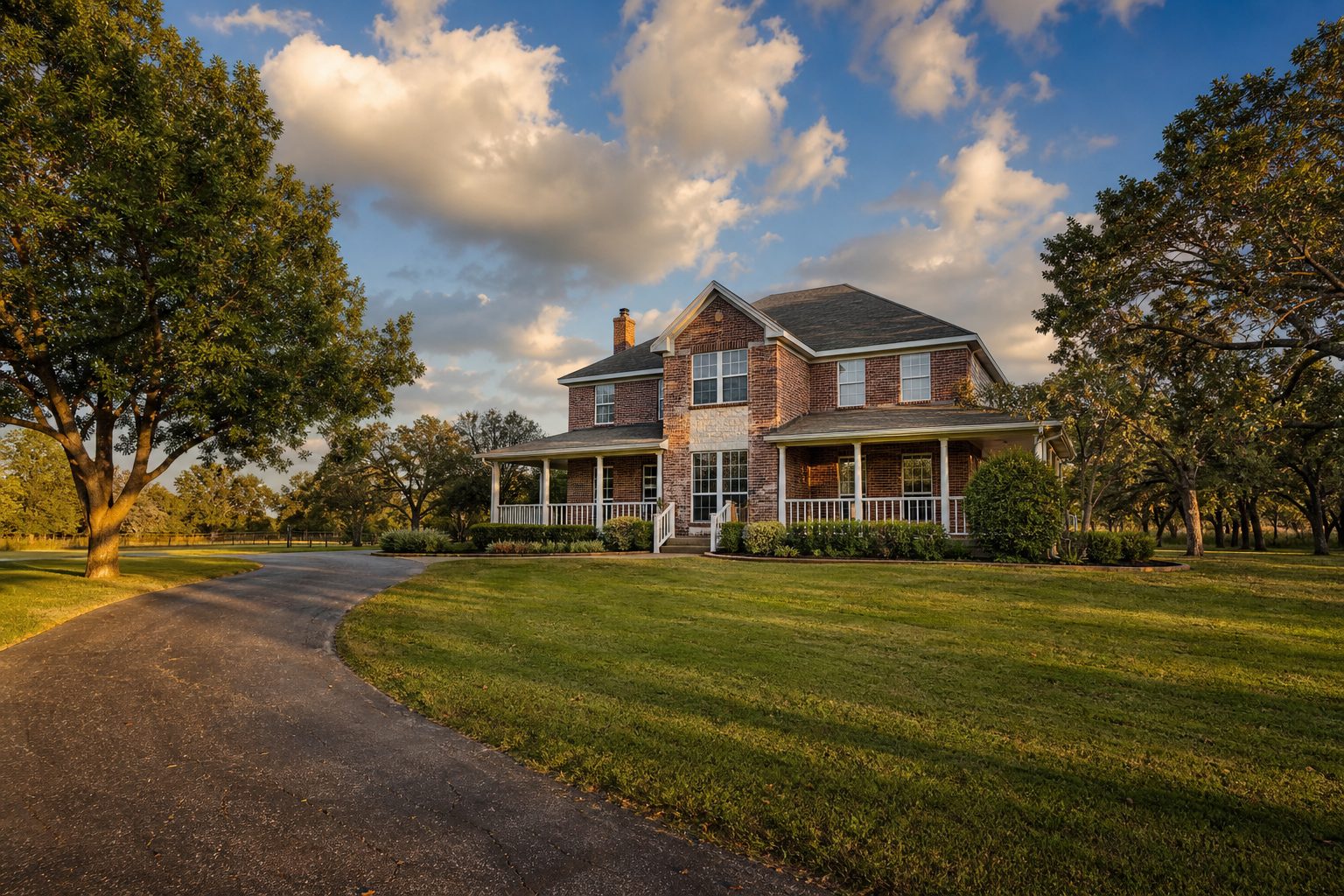 Colonial-style home on spacious 1.2-acre lot in Weatherford with mature trees and wide driveway during golden hour.